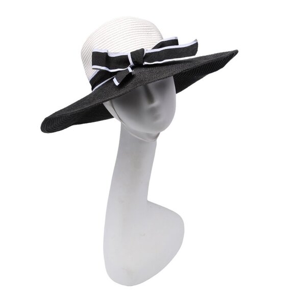 Large Brim Black White Summer Hat Ribbon Classic Faux Straw Wedding Party Event - Picture 6 of 10